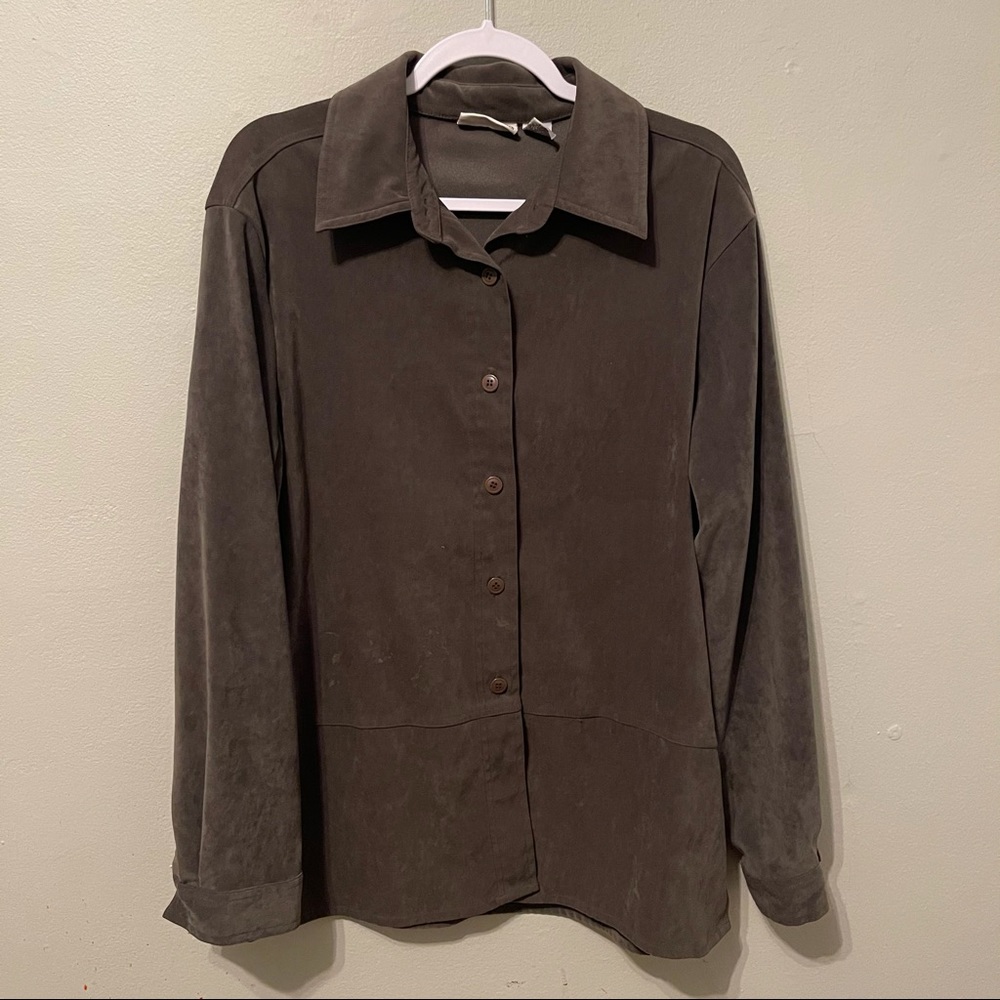 Suede and silk green button up